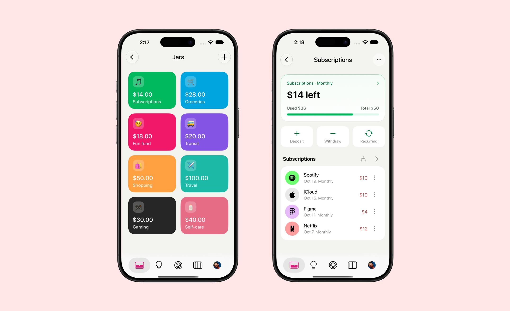 Buckaroo: Jars overview with colorful spending categories.