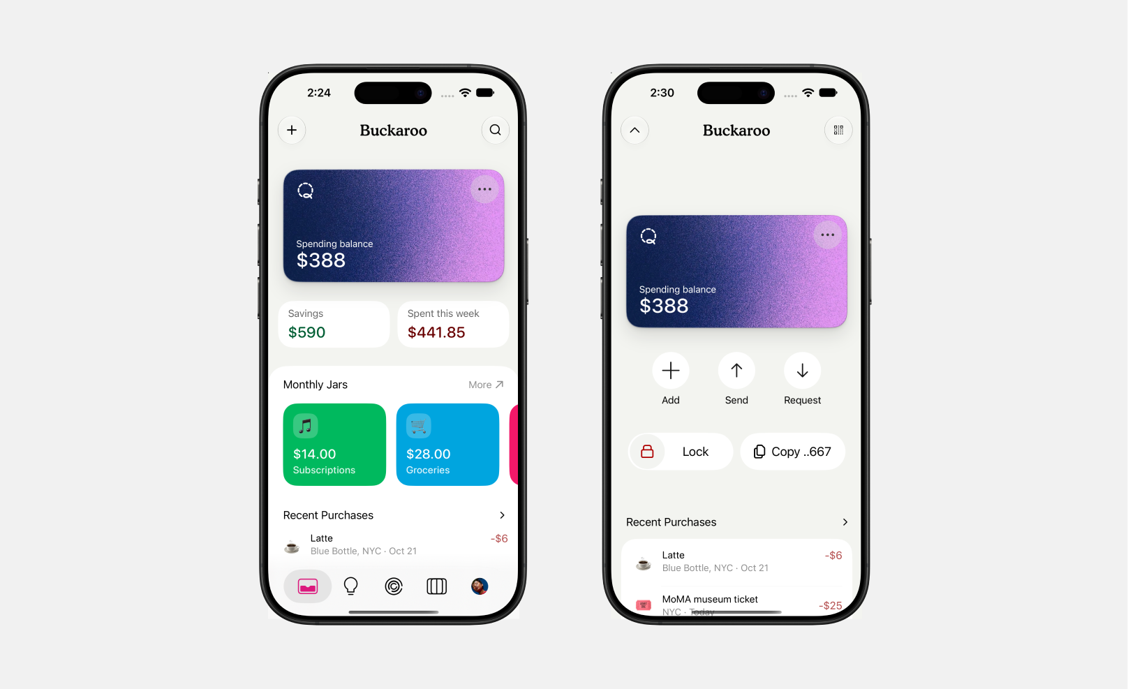 Buckaroo: Home wallet with savings, spending, and recent purchases.