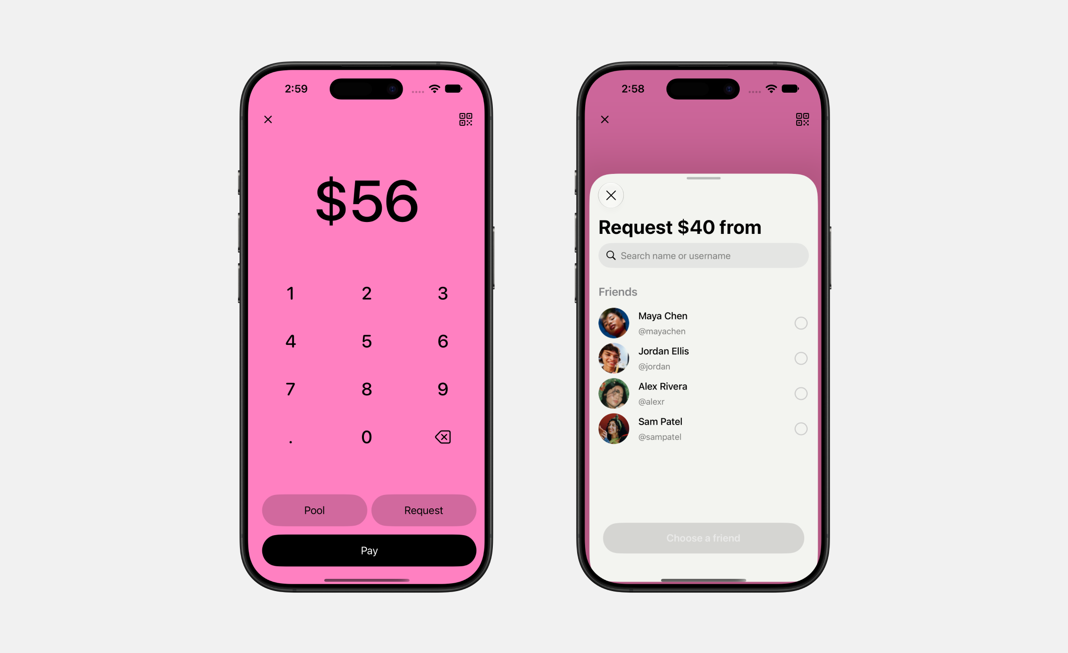 Buckaroo: Payment amount keypad with Pool, Request, and Pay actions.