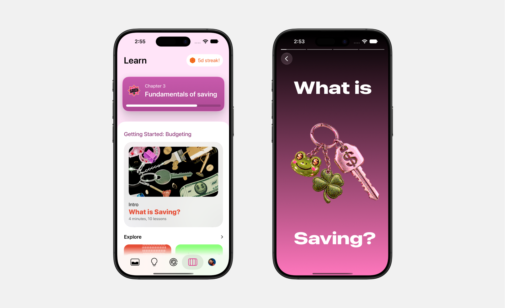 Buckaroo: Learn page with lessons about budgeting and saving.