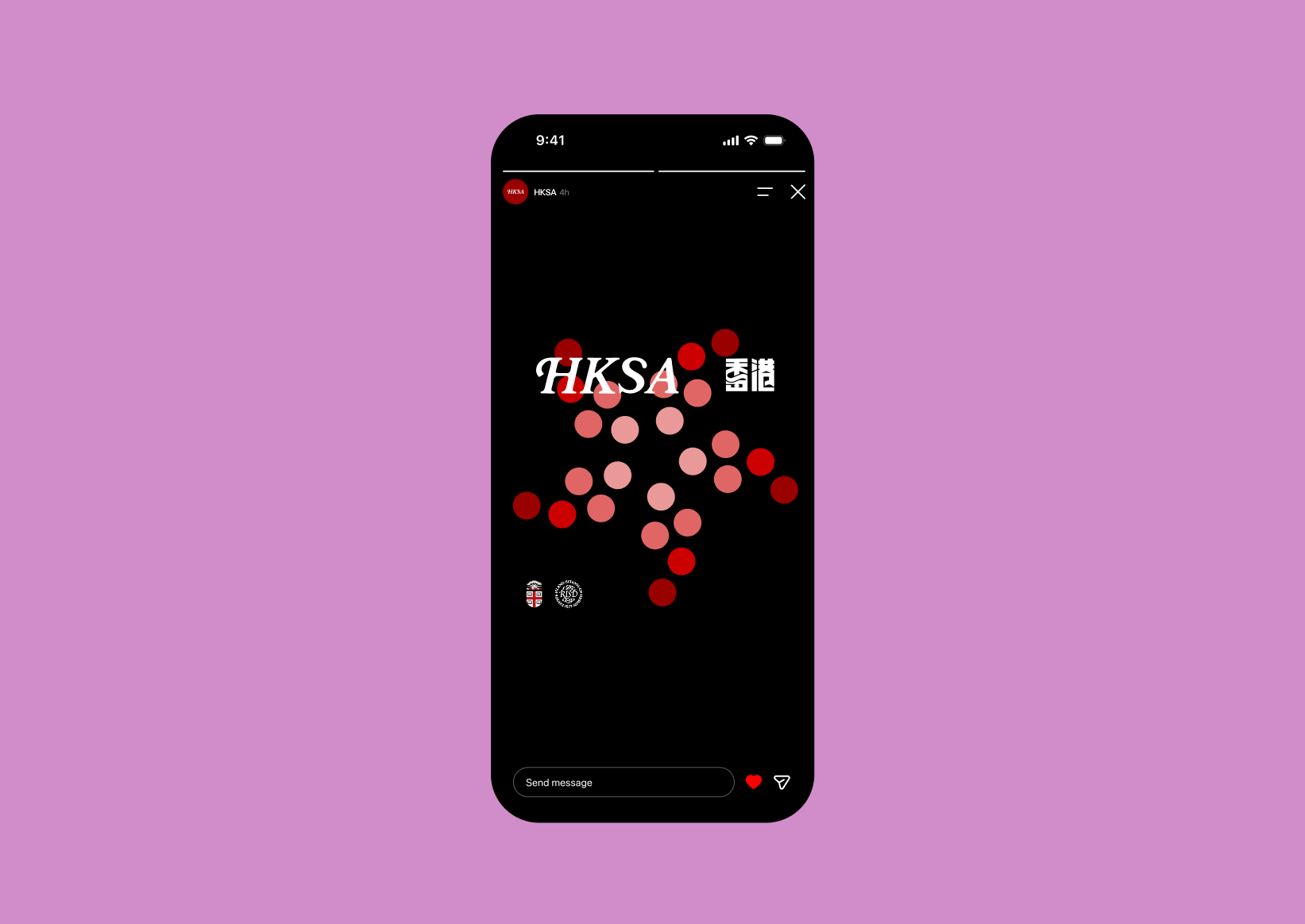 HKSA Instagram story with a bilingual wordmark and scattered red and pink dots on a pink background