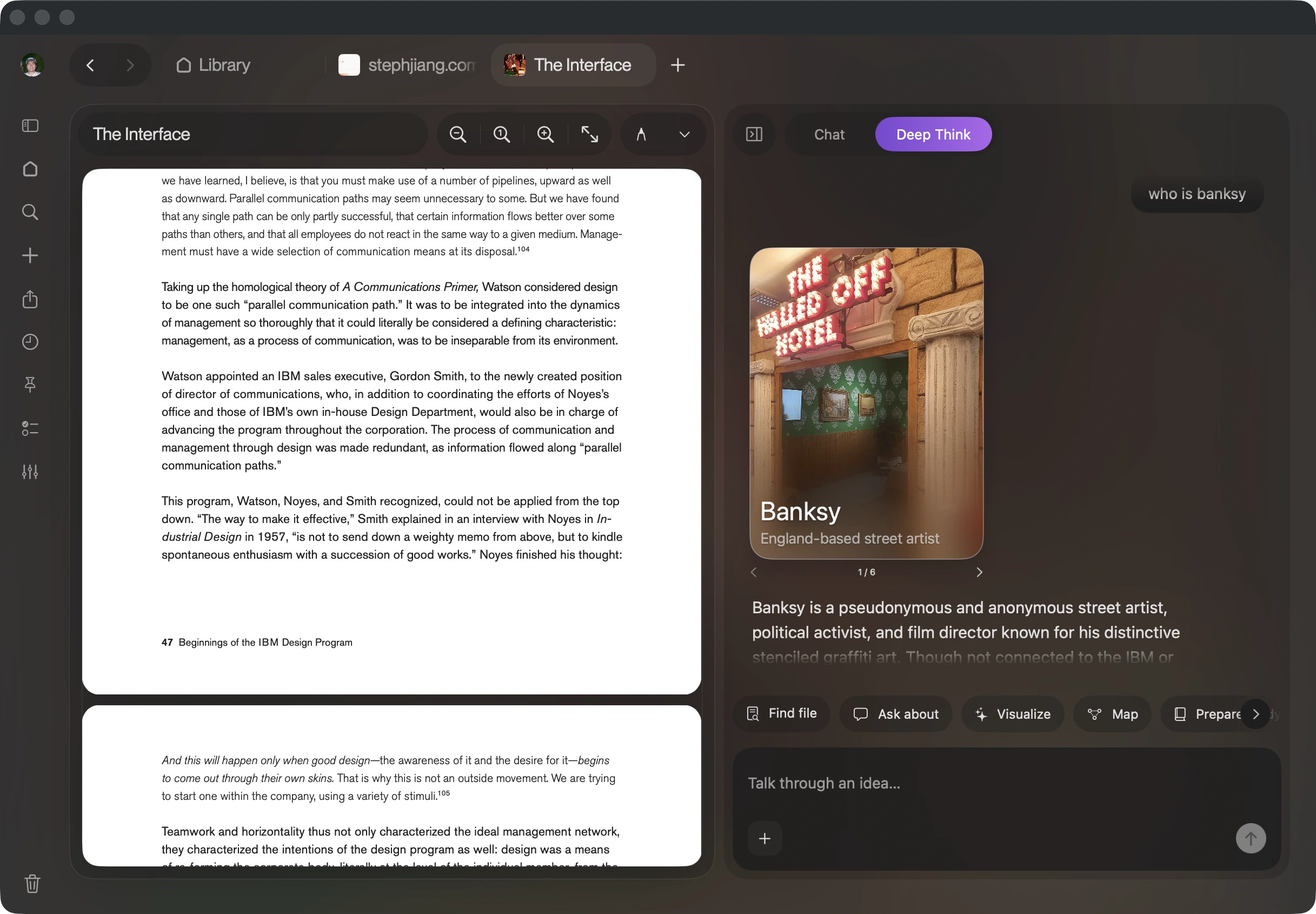 Doppler’s native reading workspace with The Interface PDF and a Banksy inquiry card beside the source