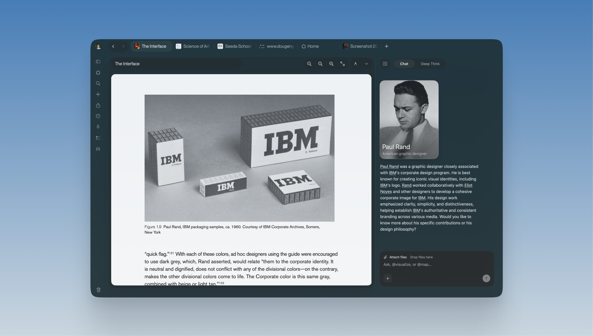Doppler reading interface with an IBM design document and contextual Paul Rand discussion