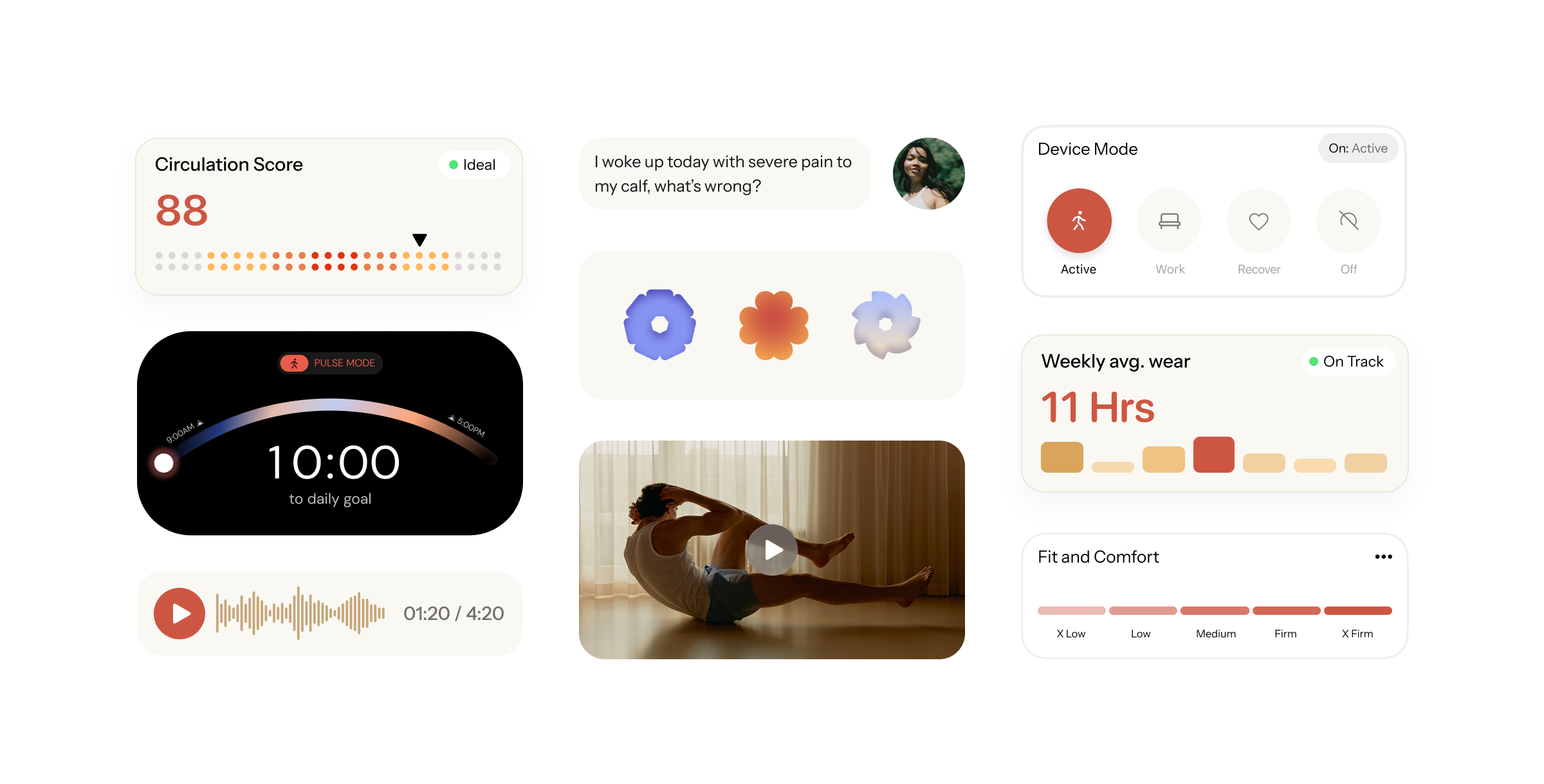 Outer circulation score, weekly wear statistics, device modes, and milestones