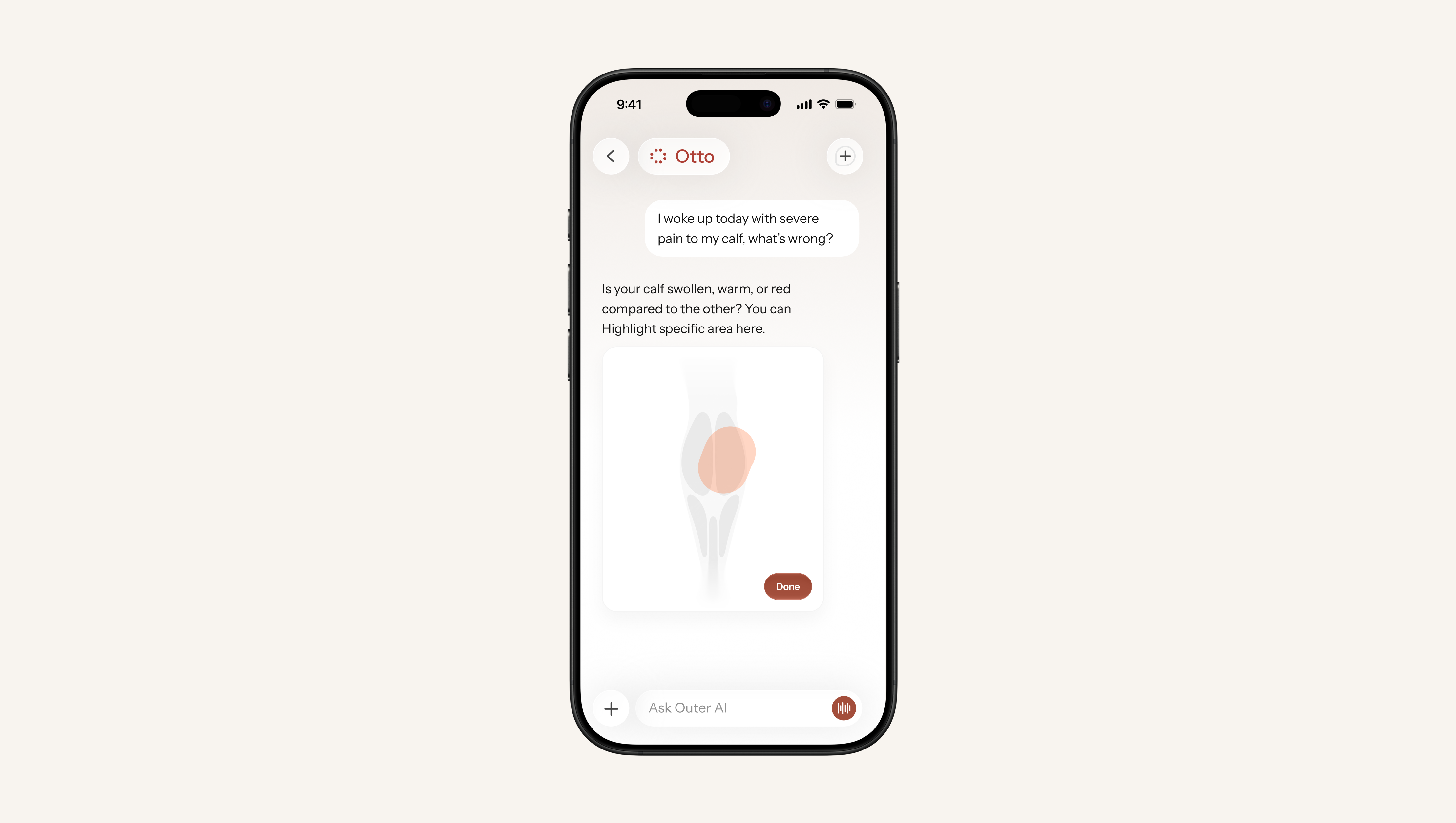 Outer AI conversation with an area highlighted on the calf