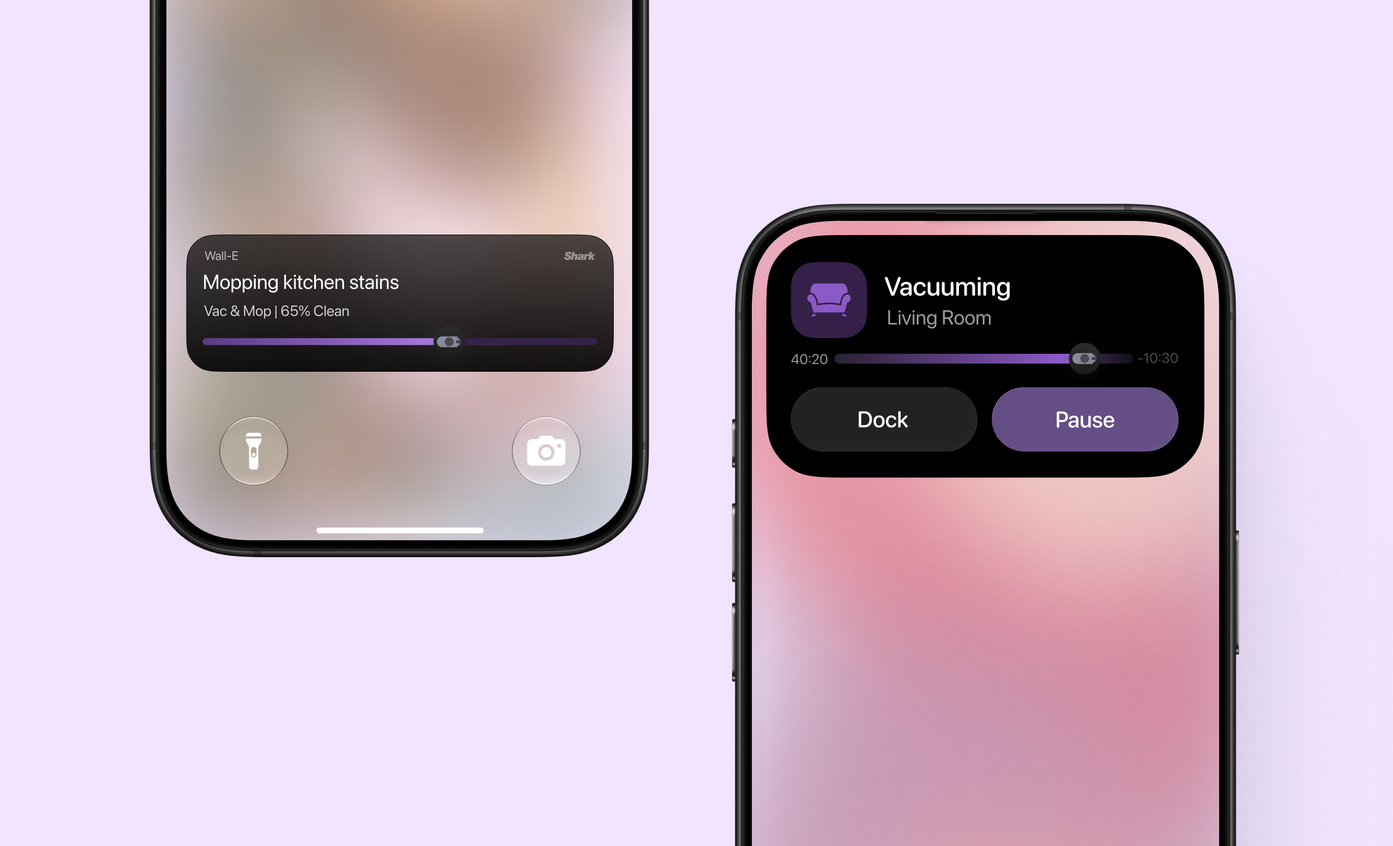 SharkNinja cleaning progress on the iPhone Lock Screen and vacuuming controls in the Dynamic Island